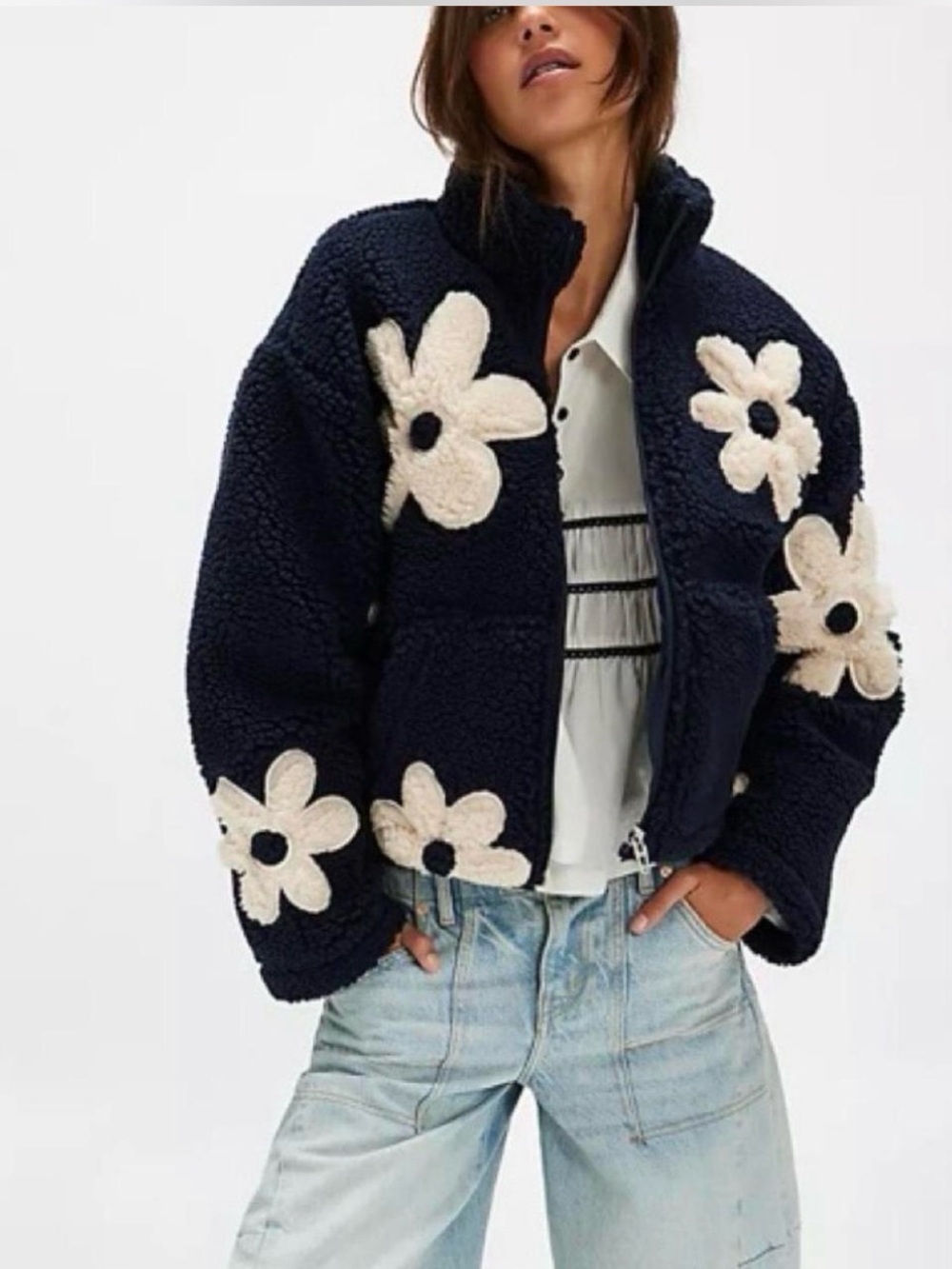 Blank NYC Navy Sherpa Jacket with Cream Floral Appliqués - Women